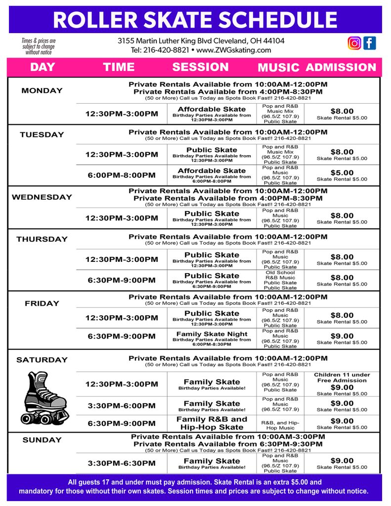 ZWG Skating Summer Schedule 2025