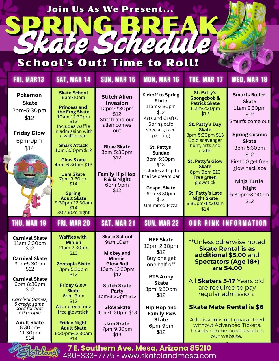 Spring break skate schedule March 13 to 22 2026 at Skateland Mesa Arizona with daily themed skating sessions and special events for kids and families