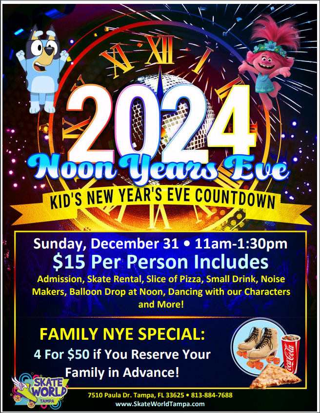 noon years eve kids skate party at skate world tampa