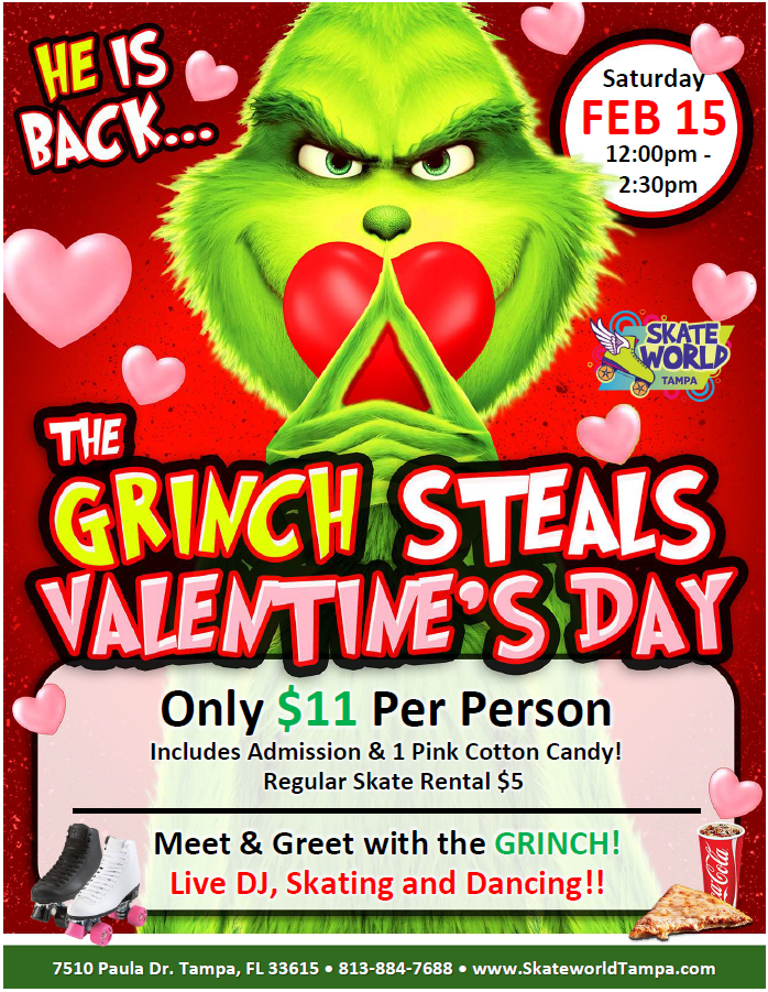 The Grinch Steals Valentine's Skate at Skate World Tampa!