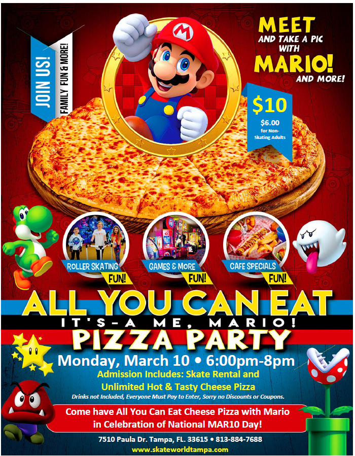 All You Can Eat Cheese Pizza Skate with Mario on National Mario Day at Skateworld Tampa