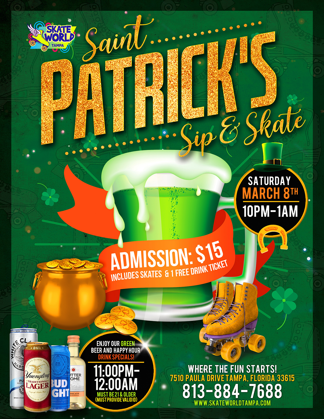 St Patricks Sip & Skate at Skateworld Tampa for Ages 21 and up