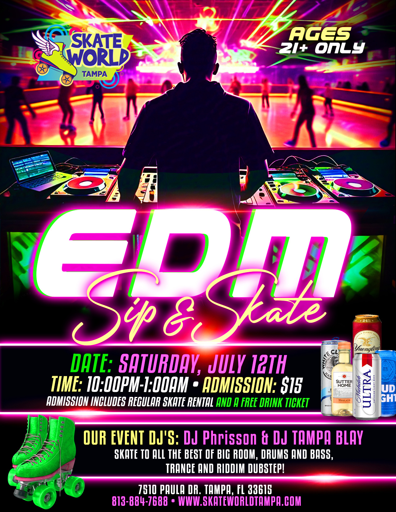 EDM Sip & Skate for Ages 21 plus at Skateworld Tampa