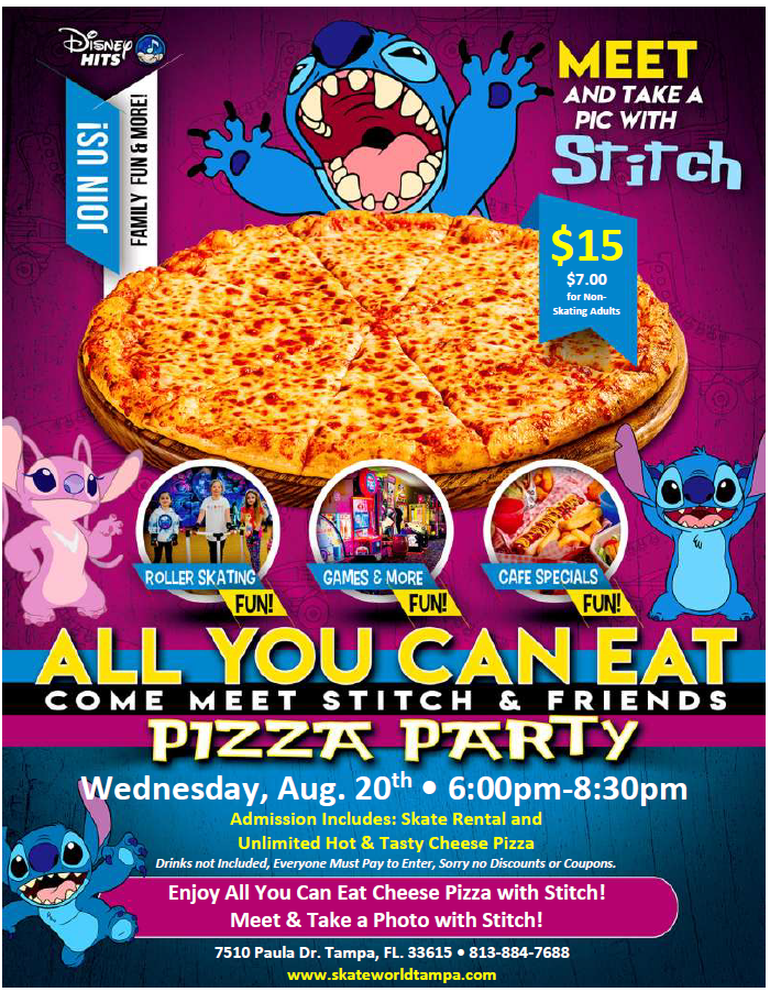 All you can eat cheese pizza skating and laser tag with Stitch!