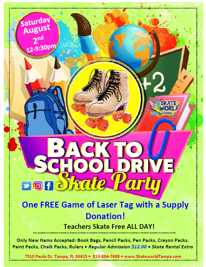 Back to School Supply Drive Skating and Laser Tag at Skateworld Tampa