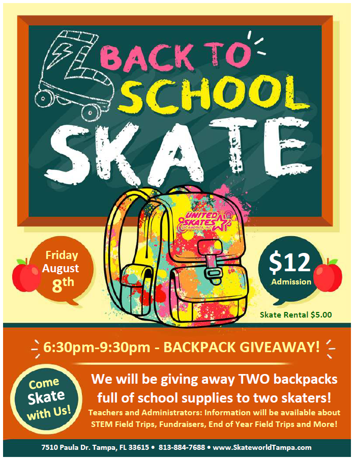 Back to School Backpack Giveaway Skating and laser tag at Skateworld Tampa