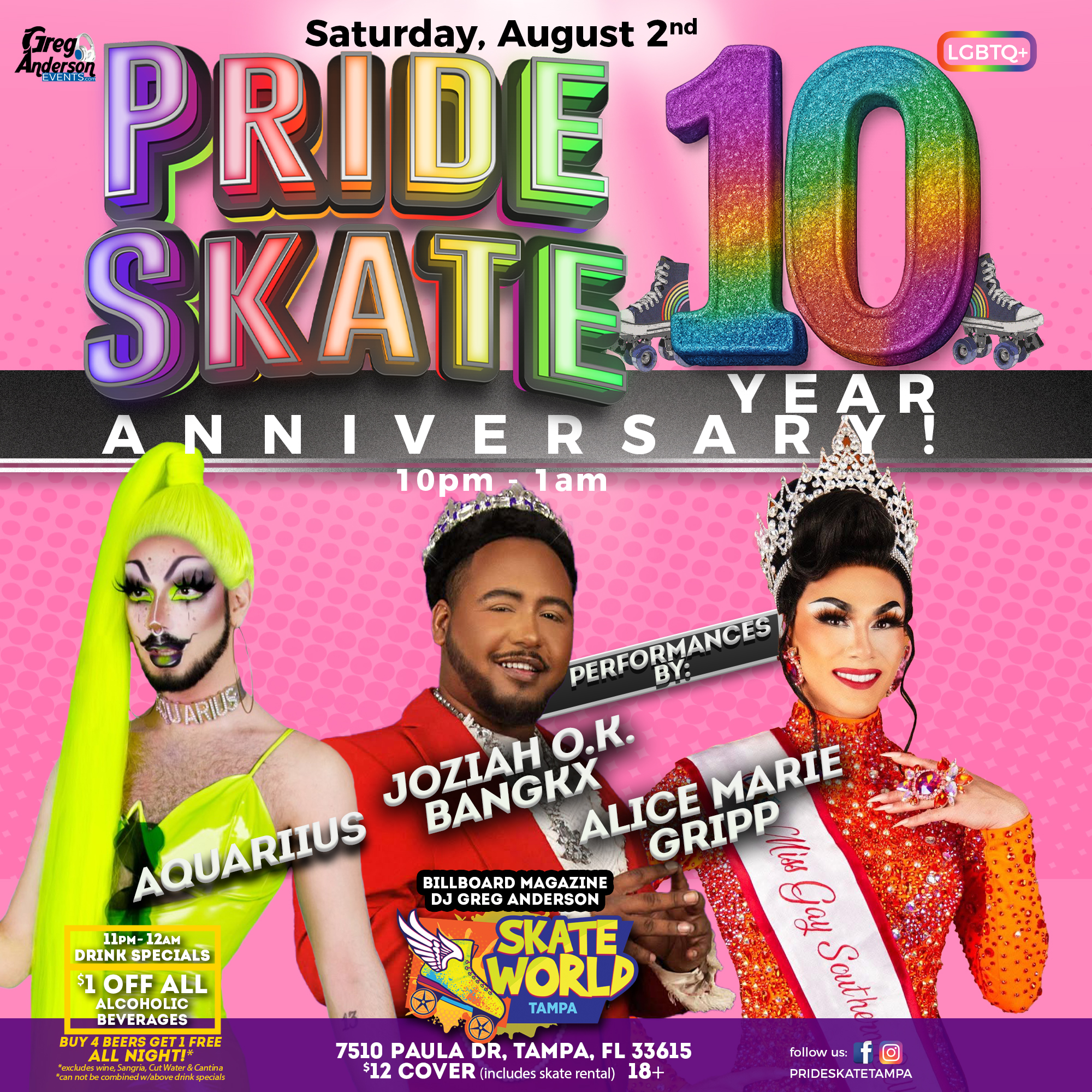 Pride Skate Tampa 10 Year Anniversary Skate Party at Skateworld Tampa for Adults Only