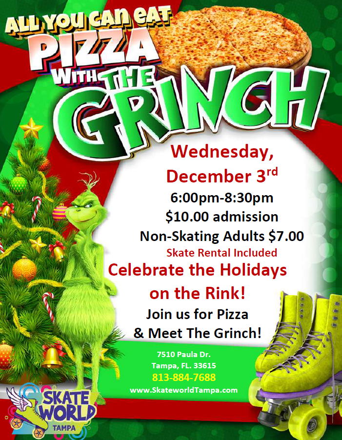 all you can eat cheese pizza skating and laser tag with grinch at skateworld tampa
