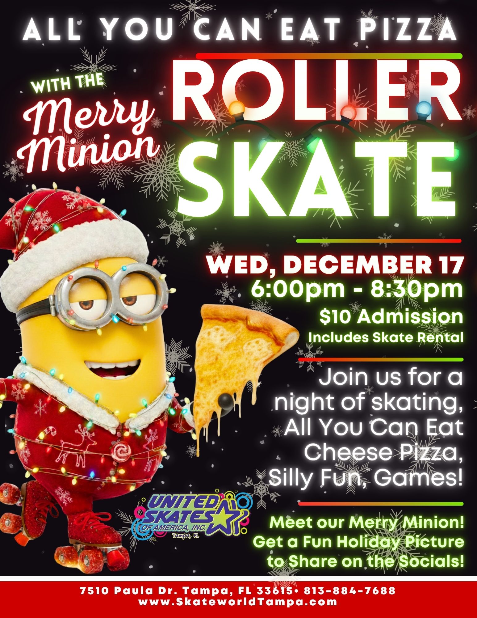 All You Can Eat Cheese Pizza Skating and Laser Tag with the Merry Minion at Skateworld Tampa