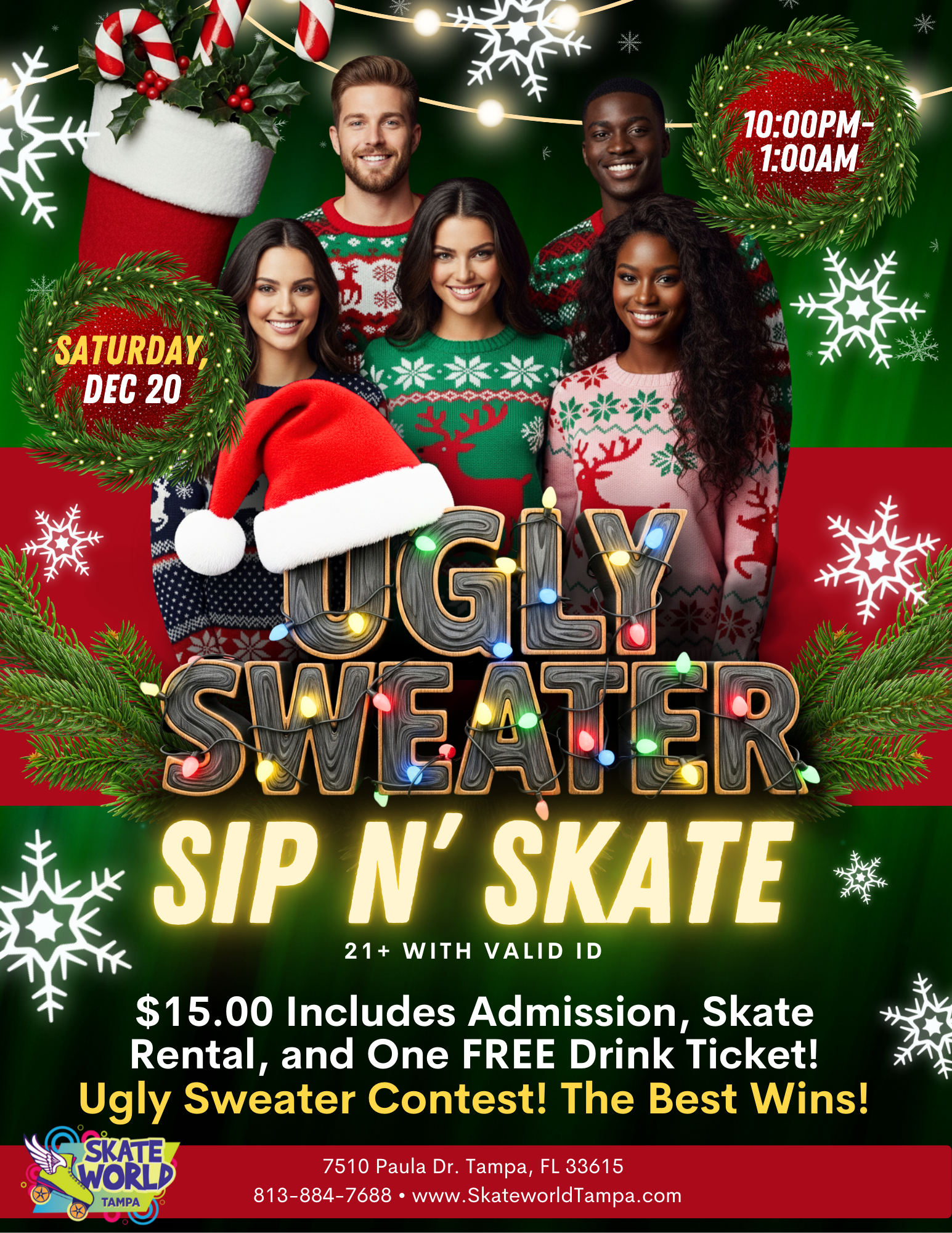 Ugly Sweater Sip n Skate at Skateworld Tampa for Ages 21 and up