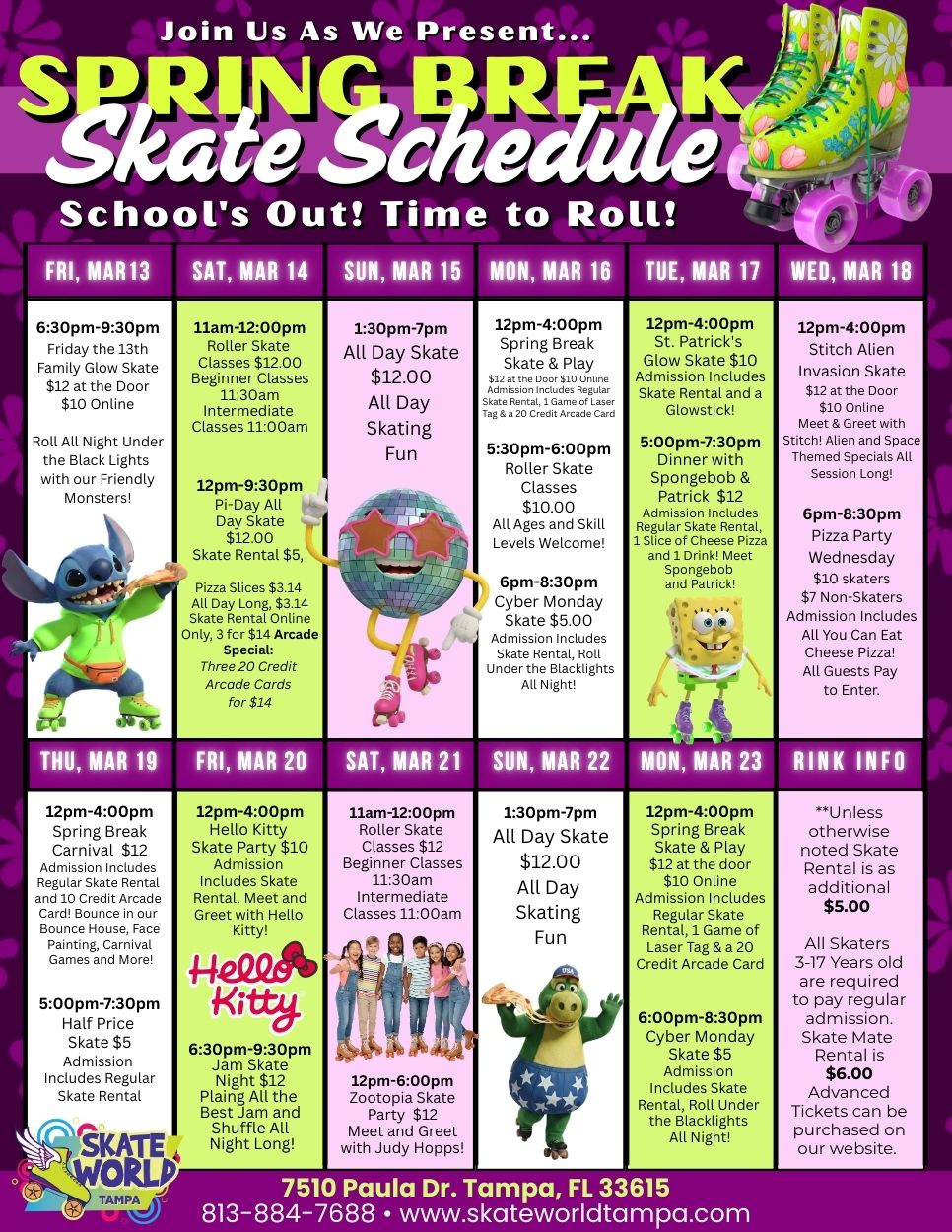 Spring break skate schedule March 13 to 23 2026 at Skateworld Tampa Florida with daily themed skating sessions and special events for kids and families
