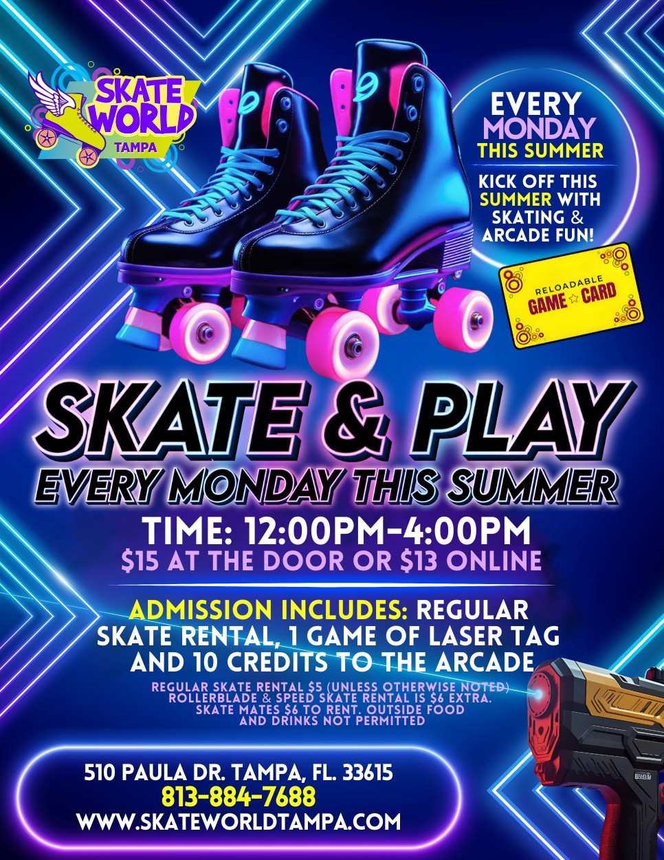 Monday Summer Skate and Play Skating, Laser Tag and Arcade at Skateworld Tampa