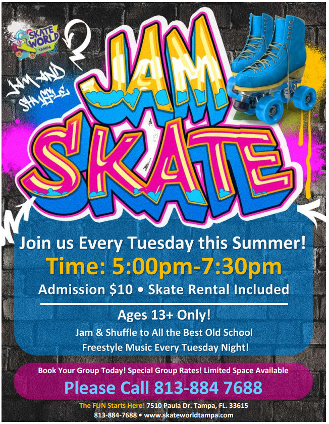 Summer Jam Skate Tuesdays Skating at Skateworld Tampa for ages 13 and older