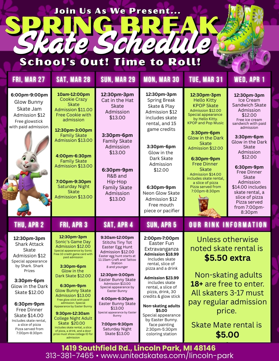 Spring break skate schedule 2026 at United Skates Lincoln Park Michigan with daily themed skating sessions and special events for kids and families