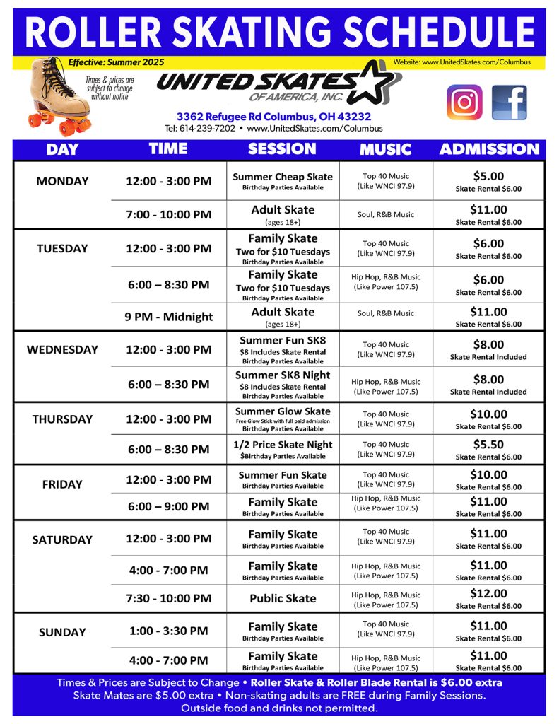 United Skates Refugee Summer Schedule 2025