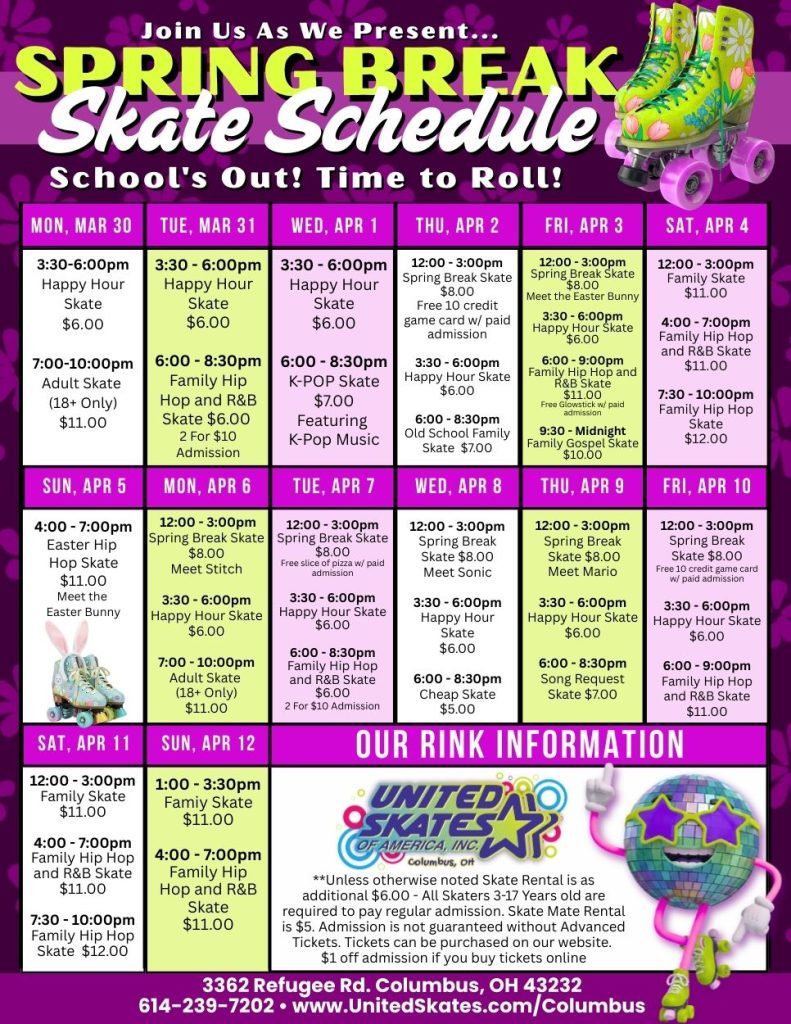 Spring break skate schedule March 30 to April 12 2026 at United Skates of America Columbus Ohio with daily themed skating sessions and special events for kids and families