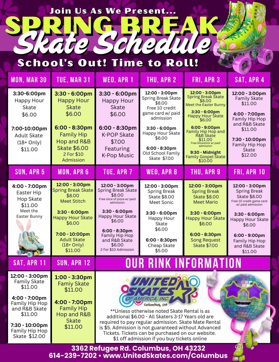 Spring break skate schedule March 30 to April 12 2026 at United Skates of America Columbus Ohio with daily themed skating sessions and special events for kids and families
