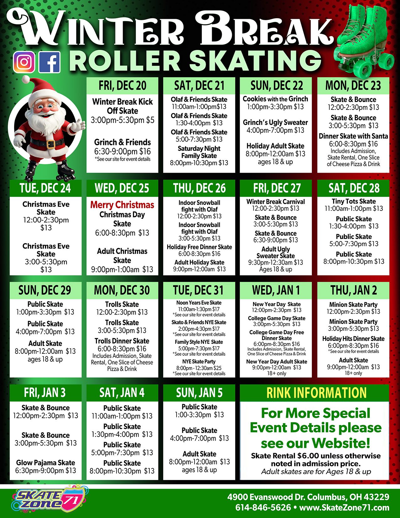 Skate Zone 71 Winter Break 2024