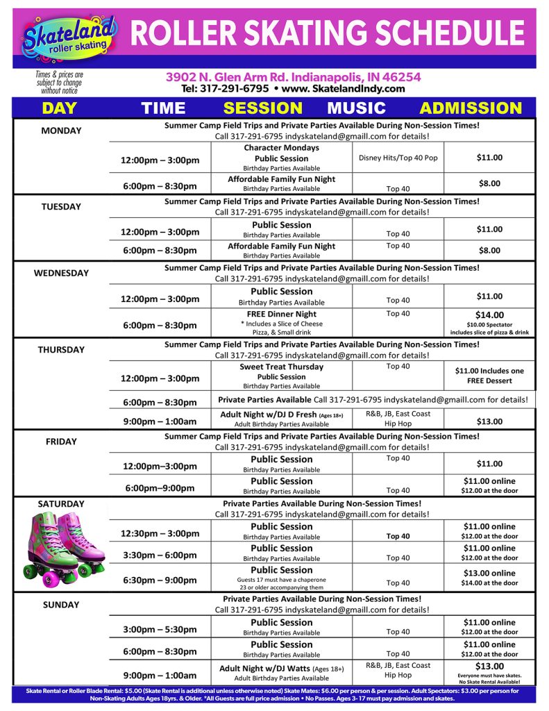 Skateland Indy Summer Schedule 2025