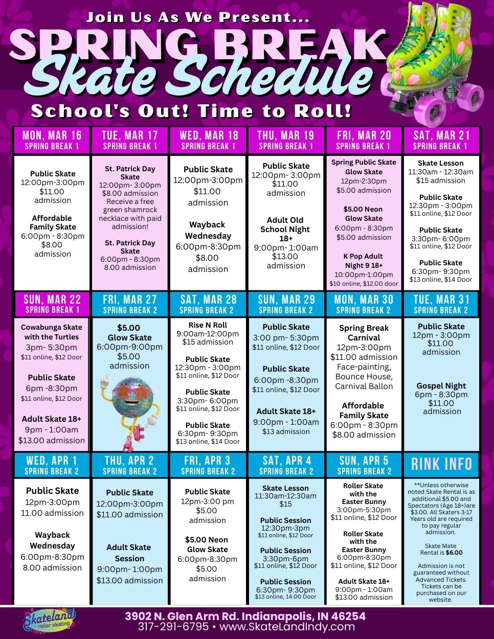 Spring break skate schedule 2026 at Skateland Indianapolis Indiana with daily themed skating sessions and special events for kids and families